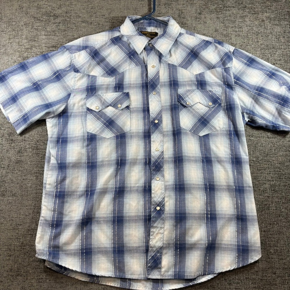Rustler Western Shirt Mens XL Blue Plaid Silver Metallic Snap Short Sleeve Shirt